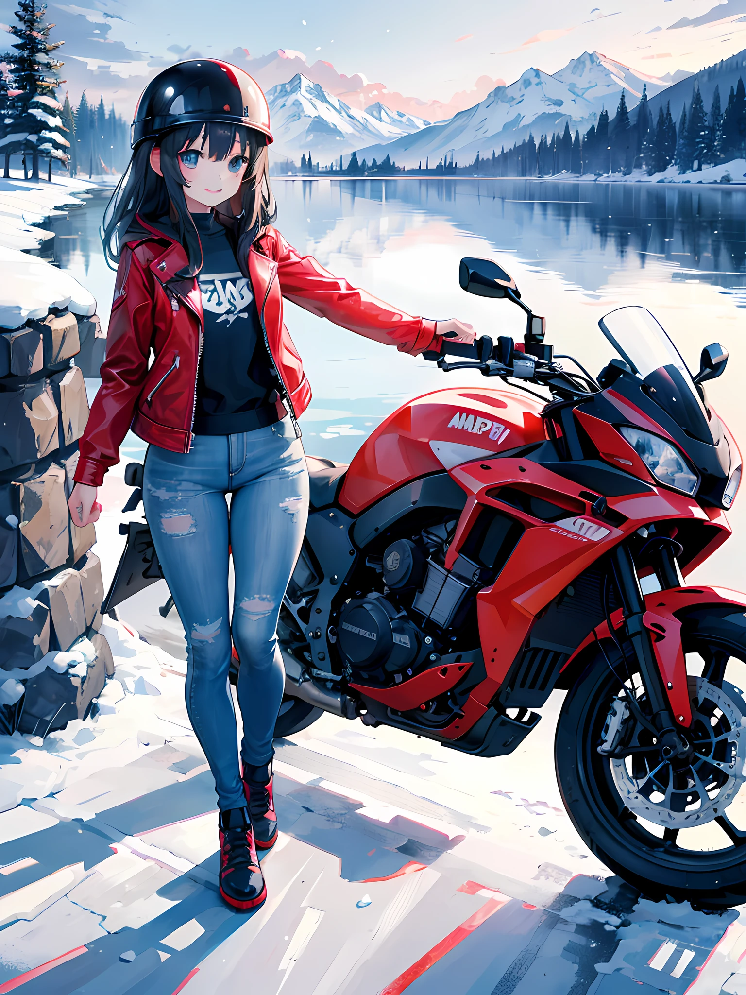 anime picture of two girls riding a motorcycle in the snow, happy!!!, small lake in the background, (2girl), leather jackets, jeans, wearing helmets, red motorcycle, ultrasharp, masterpiece, high res, 8k