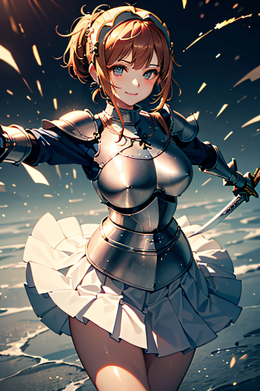 (((Armor and sword of Joan of Arc:1.7))),(((Ancient Western Landscapes:1,7))),(((Armed girl in ancient western style:1.7))),(((Enhance movement with motion blur effects:1.7))),(beautiful a girl),(((Clean white pleated skirt:1.7))),breast slip,Blushing cheeks、shyly smile,bbw,(Short hair with shiny gold and silver inner color,Floral hair ornament,Floral braided top knot,Twisted Side Part Ponytail,Floral braided headband,half up、Floral Braided Space Van,Voluminous Fishtail Braids,Twisted chignon,),(Bangs are see-through bangs),(((emphasizing breasts:1.3))),(Dynamic angles),(Dynamic and sexy poses),(bending forward:1.3),(((Dignified statue))),(((hair pin,a necklace,piercings))),Colossal tits,Blush with embarrassment,Enraptured eyes,A smile that beguiles the viewer,skin glistening with sweat,gazing at viewer,Disturbance of clothing due to movement,pointed red mouth,Perfect round face,,Proper body proportion,Intricate details,Very delicate and beautiful hair,photos realistic,Dreamy,Professional Movie Lighting,realistic shadow,Solo Focus,Beautiful hands,Beautiful fingers,Detailed finger features,detailed clothes features,Detailed hair features,detailed facial features,(masutepiece,top-quality,Ultra-high resolution output image,) ,(The 8k quality,),(Sea Art 2 Mode.1),(Image Mode Ultra HD,)