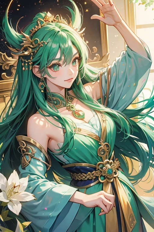 anime style; 3d; glitter; jade stone goddess