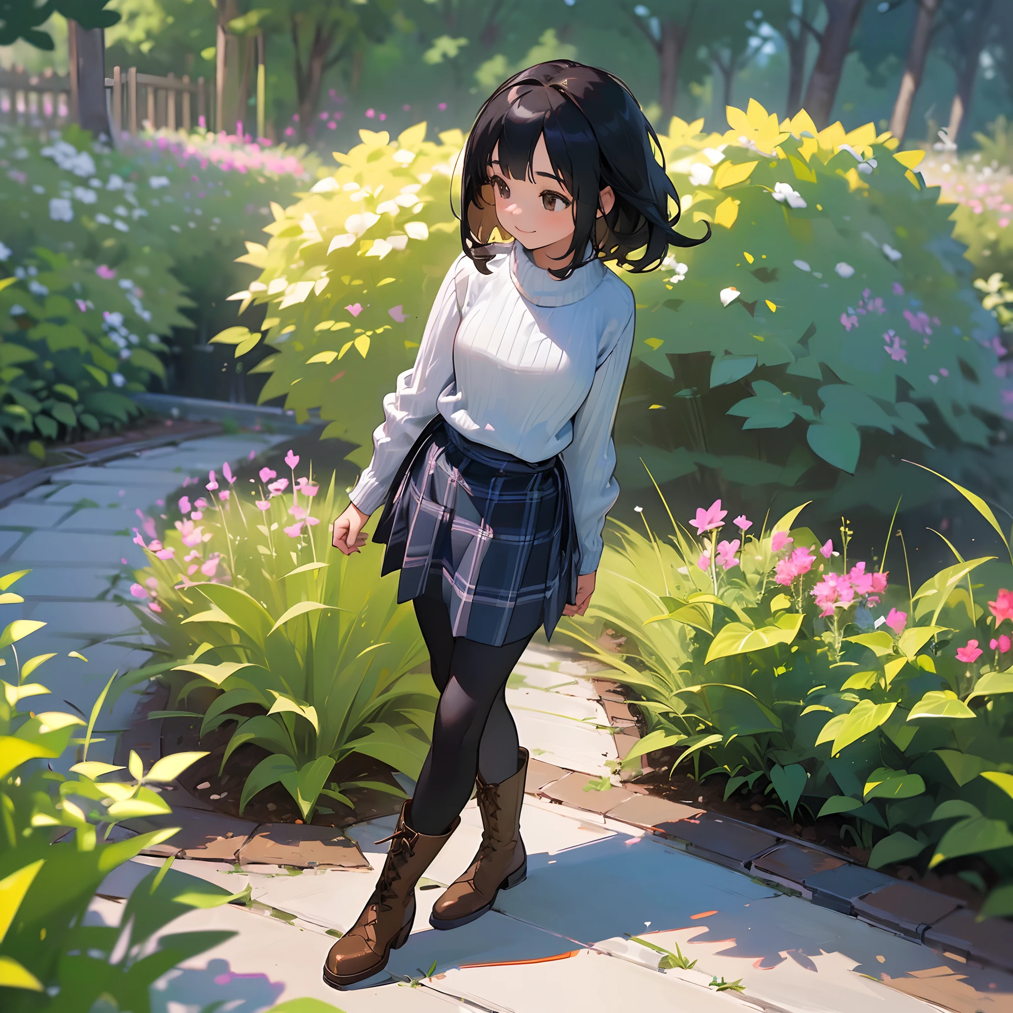 (High quality, High resolution, Ultra-detailed, Realistic:1.37), peaceful ambiance, (plein air, garden), girl standing alone, Beautiful detailed features, Cute smile, (Black bob hair), Rib Sweater, blue plaid skirt, Black tights, Brown boots.