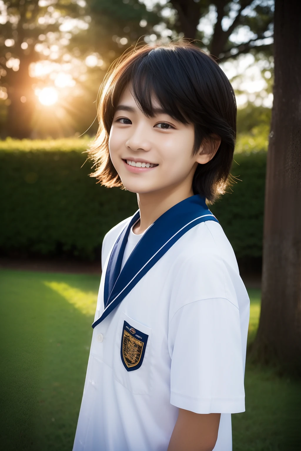1 boy、校服、A slight smil、School route、Schools、Looking into the distance、Full body portrait、(Photorealsitic:1.4)、High school students、Japan Boys、A dark-haired、The upper part of the body、a cool、An ultra-high picture quality、top-quality、masterpiece、18year old、the setting sun、Sunlight