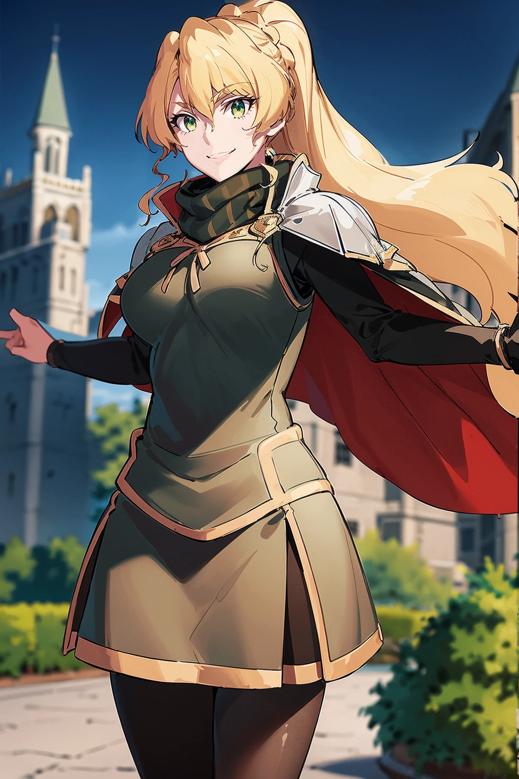 skirt vest, pantyhose, ponytail, long hair, blond hair, knight, medium breast,alicetaria february, green eyes,,smile, staff holding, cape, scarf, thick eyelashes,, castle background,fantasy,,standing, refsheet