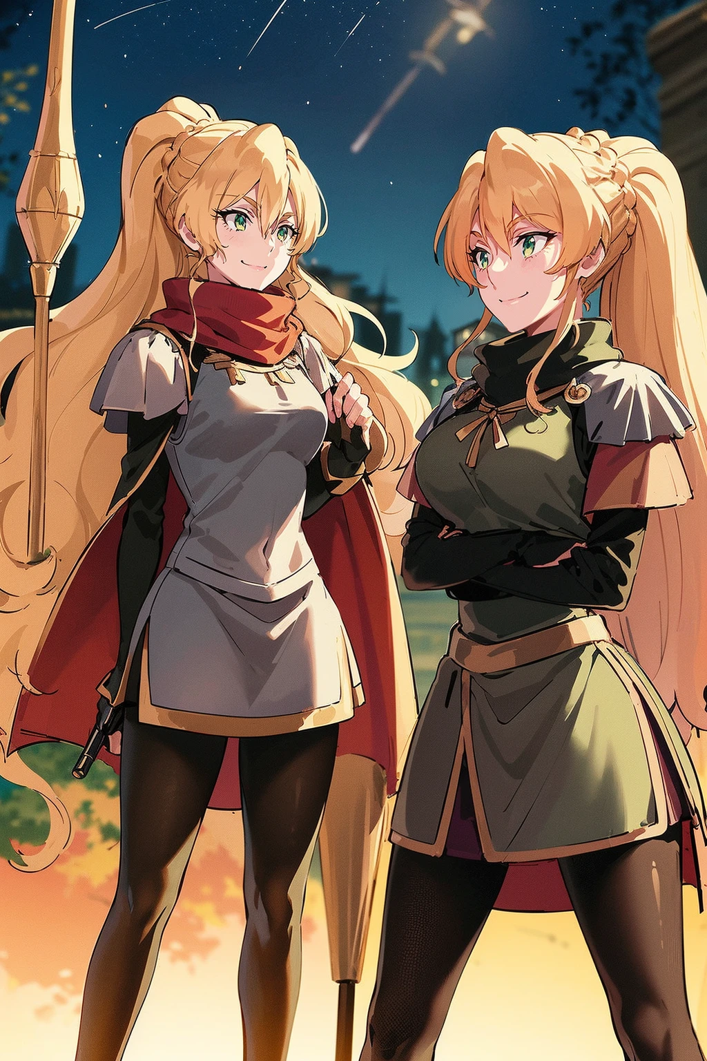 skirt vest, pantyhose, ponytail, long hair, blond hair, knight, medium breast,alicetaria february, green eyes,,smile, staff holding, cape, scarf, thick eyelashes,, castle background,fantasy,,standing, refsheet