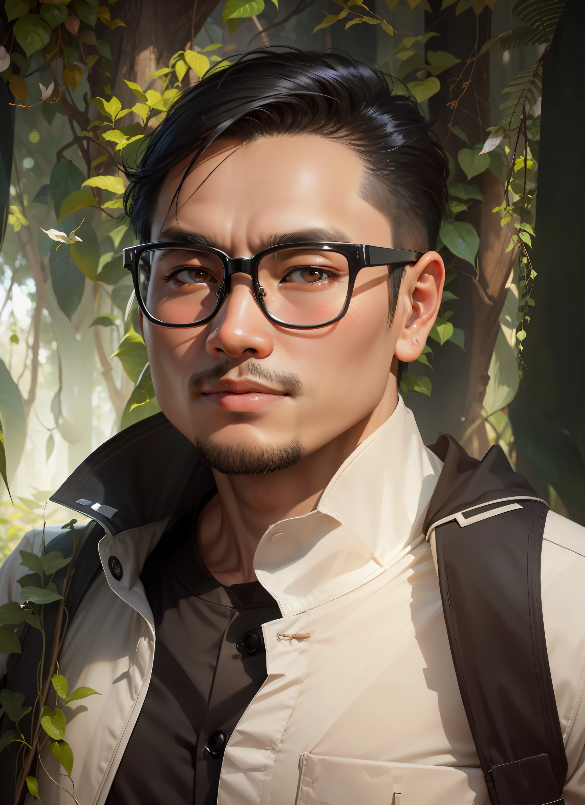 minimalism background, Vietnamese man full of positive energy. Enchanting eyes can see into other people's souls. Behind the gentle face is an intense soul that can fascinate people. appearance exudes prosperity, closeup portrait, character art portrait, 30 years old, plump face, jungle background, --auto