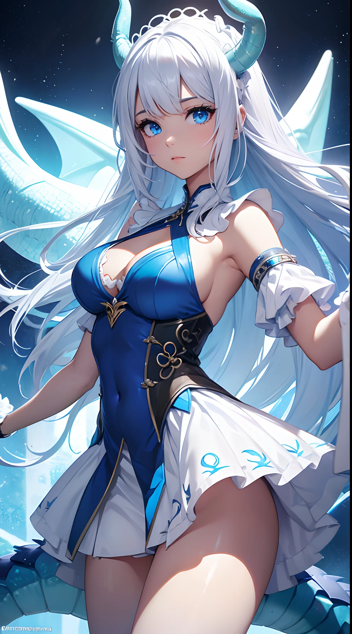 Una chica con vestido azul y pelo blanco al estilo cazador de dragones,Mouint in the air with a big blue dragon, en HD, Hermosa y con un aura poderosa, 4k,(vestido lolita:1.4),(mostrando panties White:1 4),(Dragon White:1.4)More detailed 8K.motor irreal:1.4,UHD,La mejor calidad:1.4, fotorrealista:1.4, textura de la piel:1.4, obra maestra:1.8,obra-prima, mejor calidad,objeto Objeto], (detailed face features:1.3)