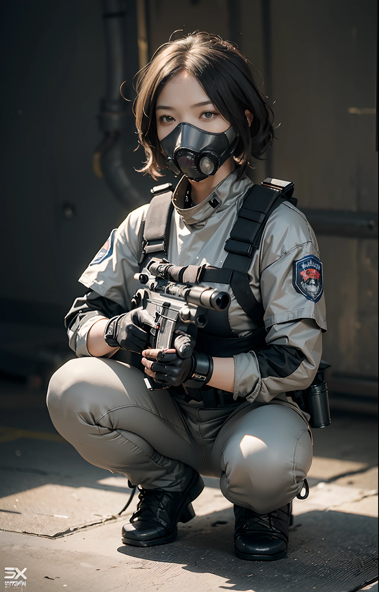 Solo highly condensed with combat action、Solo Shot、(Whole body:0.5, view front))actionpose、Highest image quality, excellent details, Ultra-high resolution, (Realism: 1.4), ((Full body:0.5, view front)), One girl highly condensed in combat action, With a beautiful and delicate face, ((Shoot machine guns)), (Wearing a racing suit and liking police uniform, military harness), holding a machine gun, Simple gray wall on background,