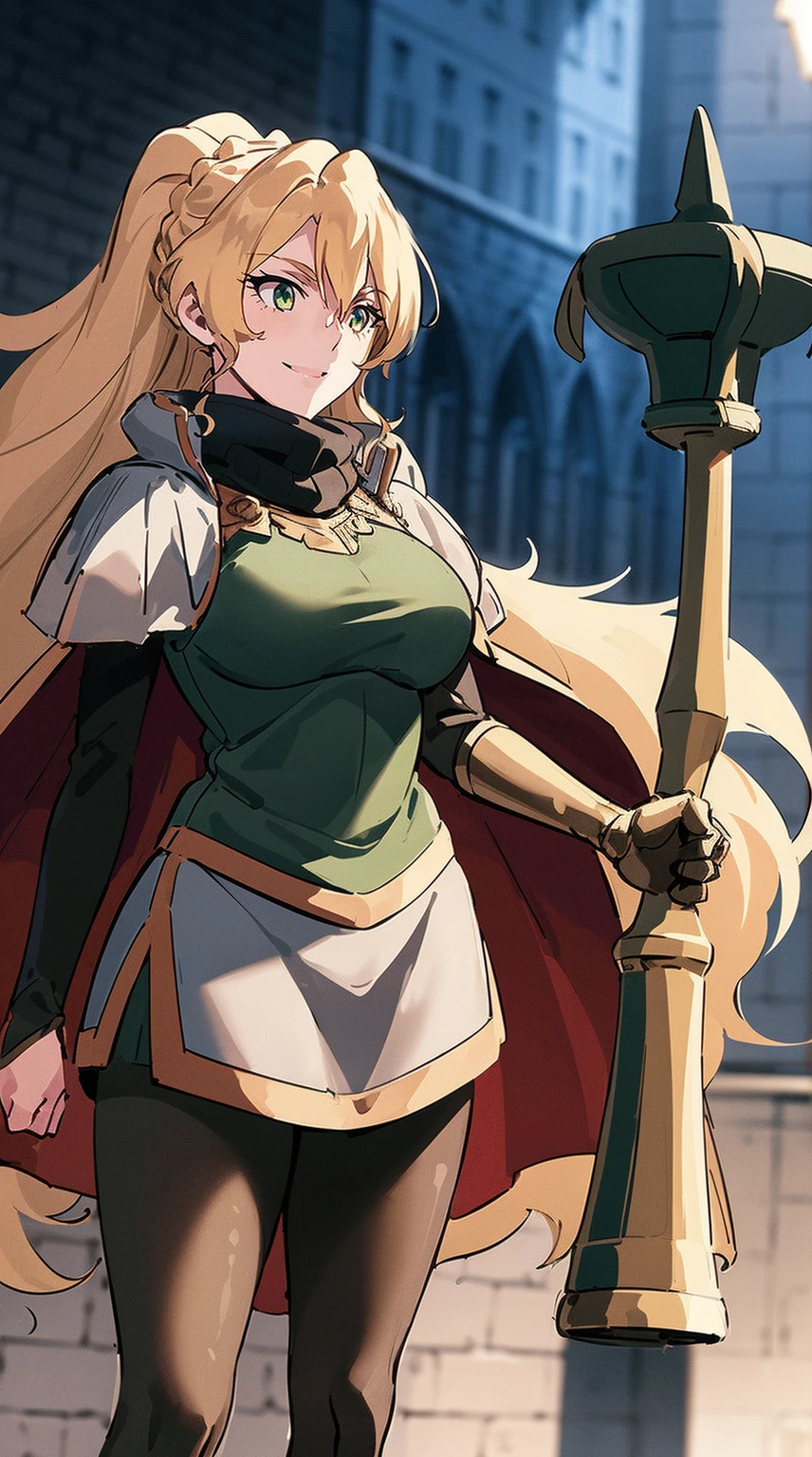 skirt vest, pantyhose, ponytail, long hair, blond hair, knight, medium breast,alicetaria february, green eyes,,smile, staff holding, cape, scarf, thick eyelashes,, castle background,fantasy,,standing, refsheet