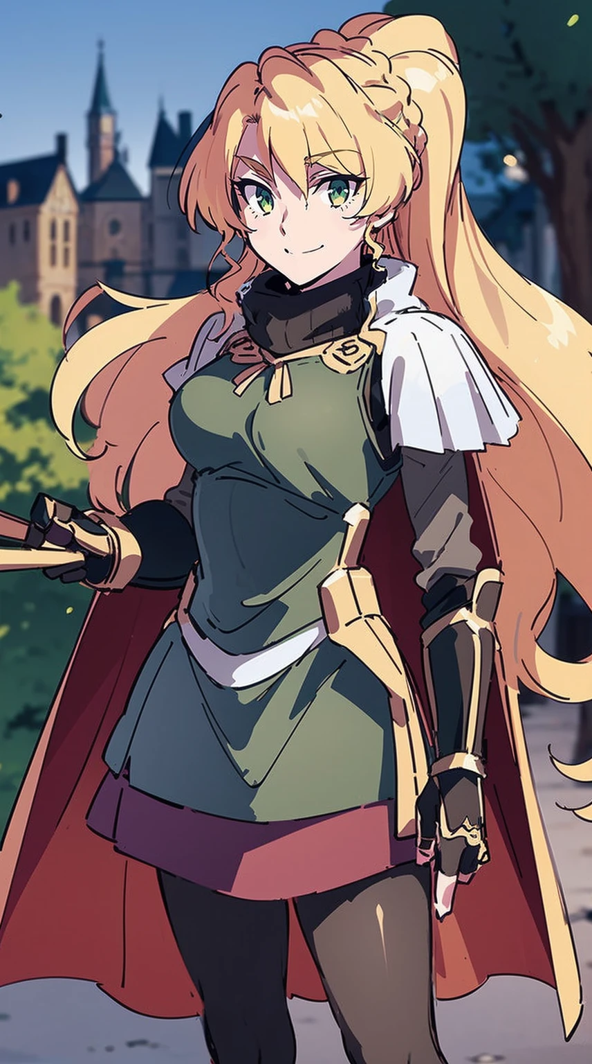 skirt vest, pantyhose, ponytail, long hair, blond hair, knight, medium breast,alicetaria february, green eyes,,smile, staff holding, cape, scarf, thick eyelashes,, castle background,fantasy,,standing, refsheet