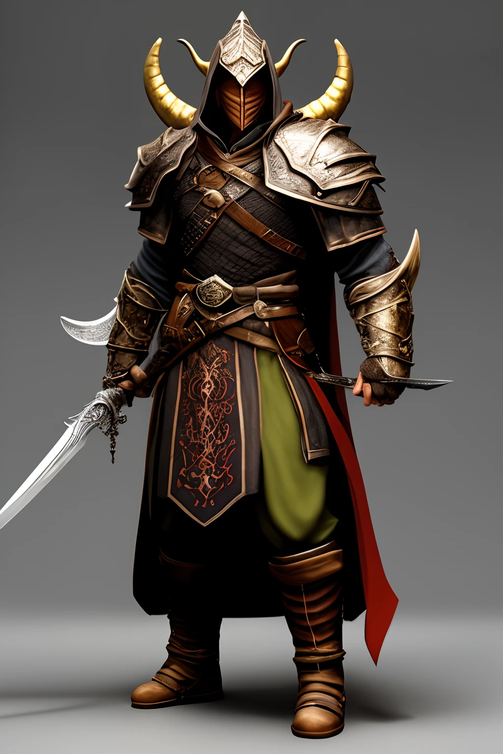 Lean and muscular Ginger high elf half Dragonborn wearing assassin armor with a sword and daggers