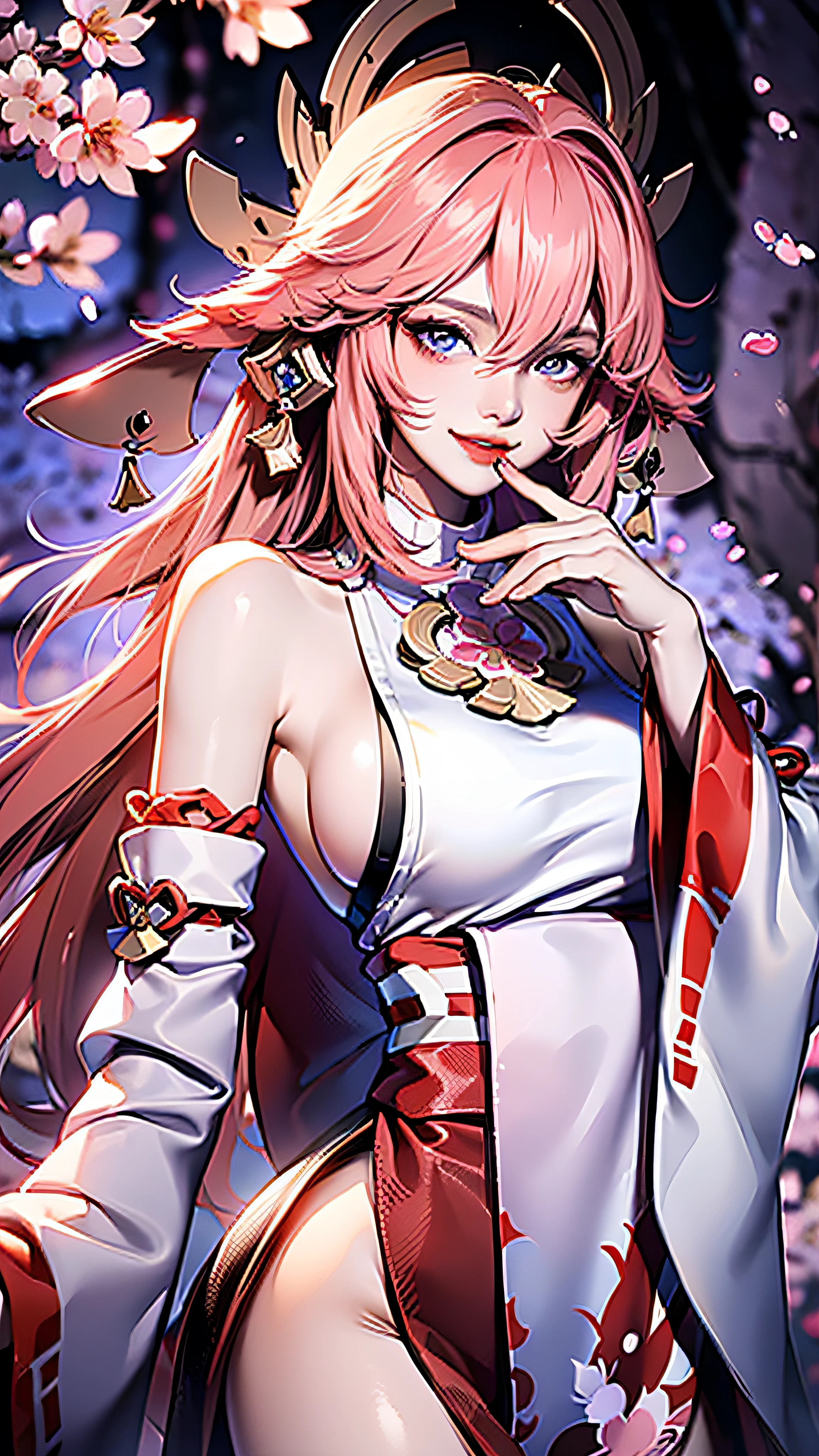 (big breast:1.2), looking ((curious)), unparalleled masterpiece, (ultra-realistic 8k RAW photos, best quality, masterpiece: 1.4), perfect artwork, best quality, super high resolution, (realistic, photorealistic photoreal: 1.4), (flicker: 1.2),nontraditional miko, shiny skin, long sleeves, smile, thick lips, east asian architecture, (blurry background:1.2), (85mm f1.8:1.1 shot with Fujifilm XF18 lens), (perfect limbs: 1.4), ultra-high resolution, (ultra-detail accomplice beautiful face: 1.3), light on face, 1 girl, smile, back hand, (cherry blossoms:1.6), split sleeves, bare shoulders, wide hips ,(side chest: 1.4), (pink long hair 1.4), purple eyes