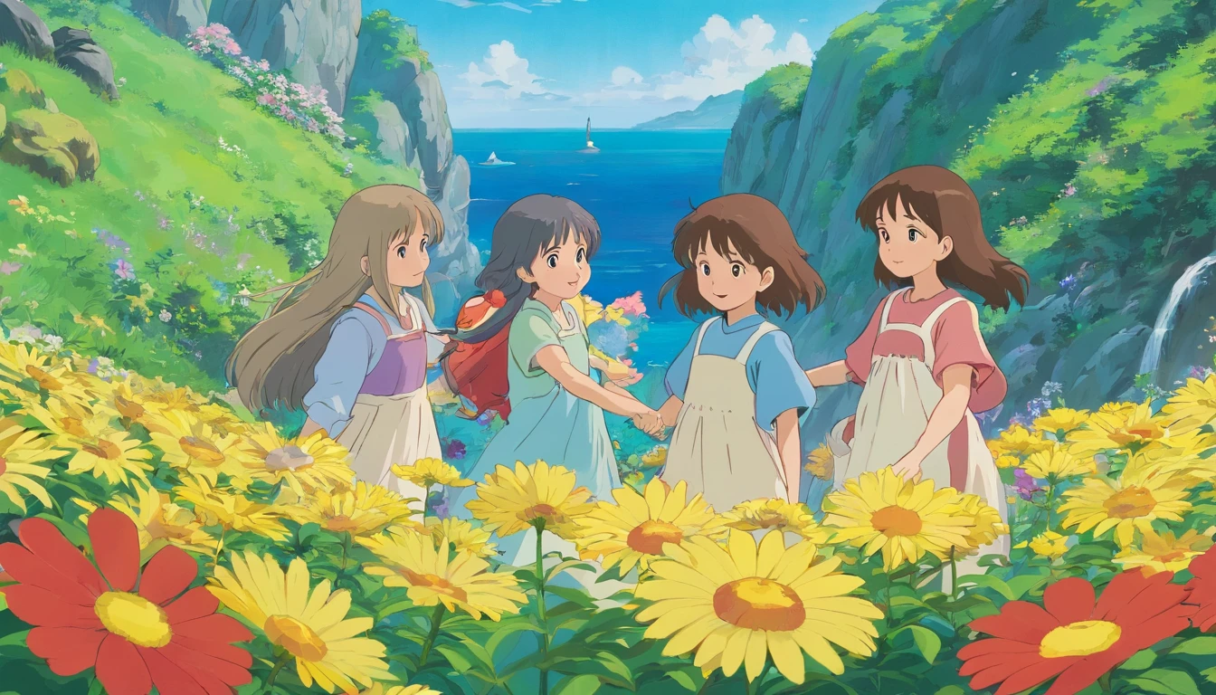 supportive,Mistress,goodness,Support each other,A group of girls,Around a long hair、Hearty girl,Sea of flowers in the background