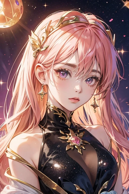 anime style; 3d; glitter; morganite stone goddess