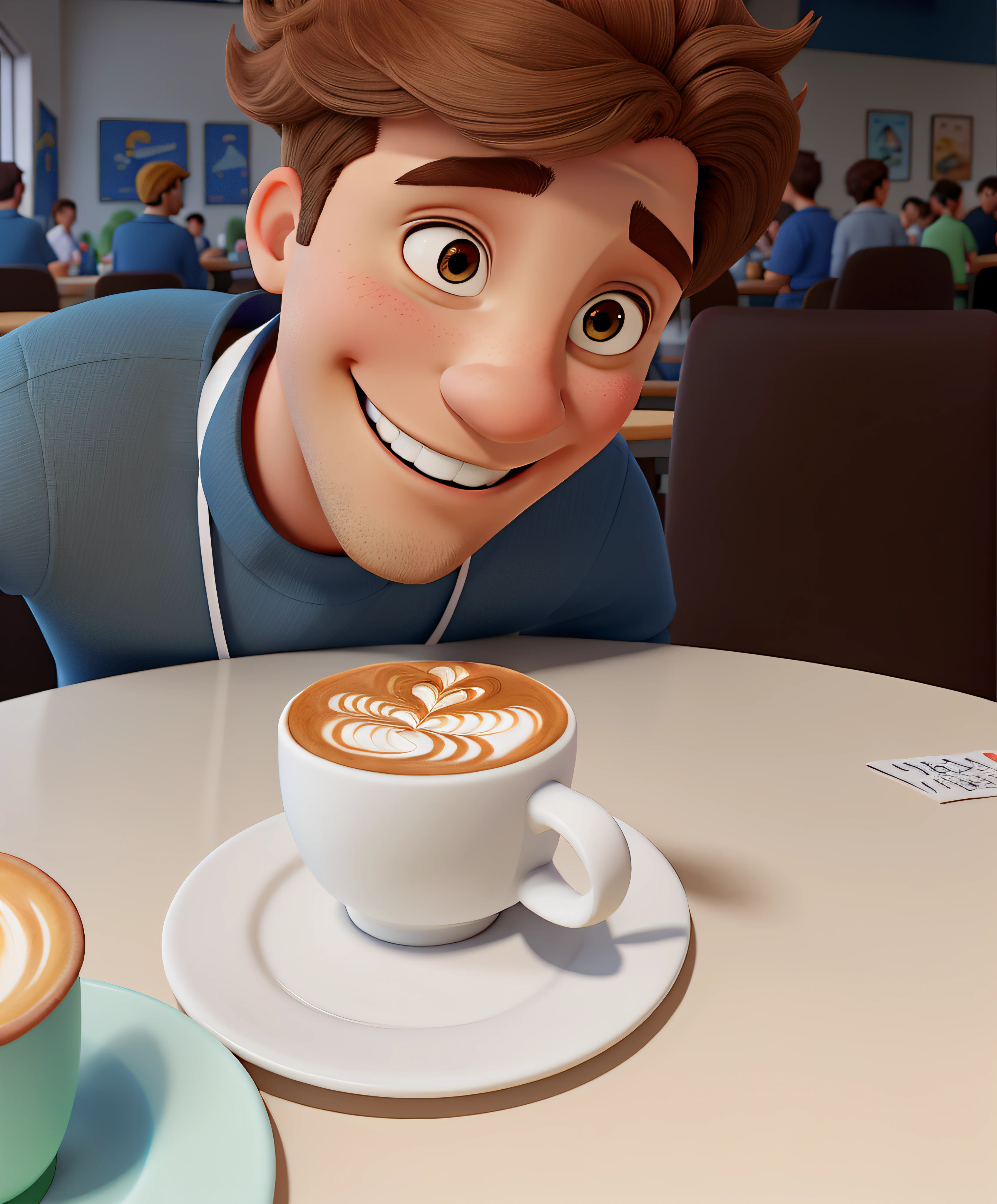 Poster estilo disney pixar. Jovem bonito de 20 anos, pele branca, cabelos castanhos ondulados, olhos castanhos, Italian descent, ambiente de uma cafeteria, On a white table is a cup of latte with a smile drawn on the milk, On top of the milk is a drawing of a happy face in brown strokes.