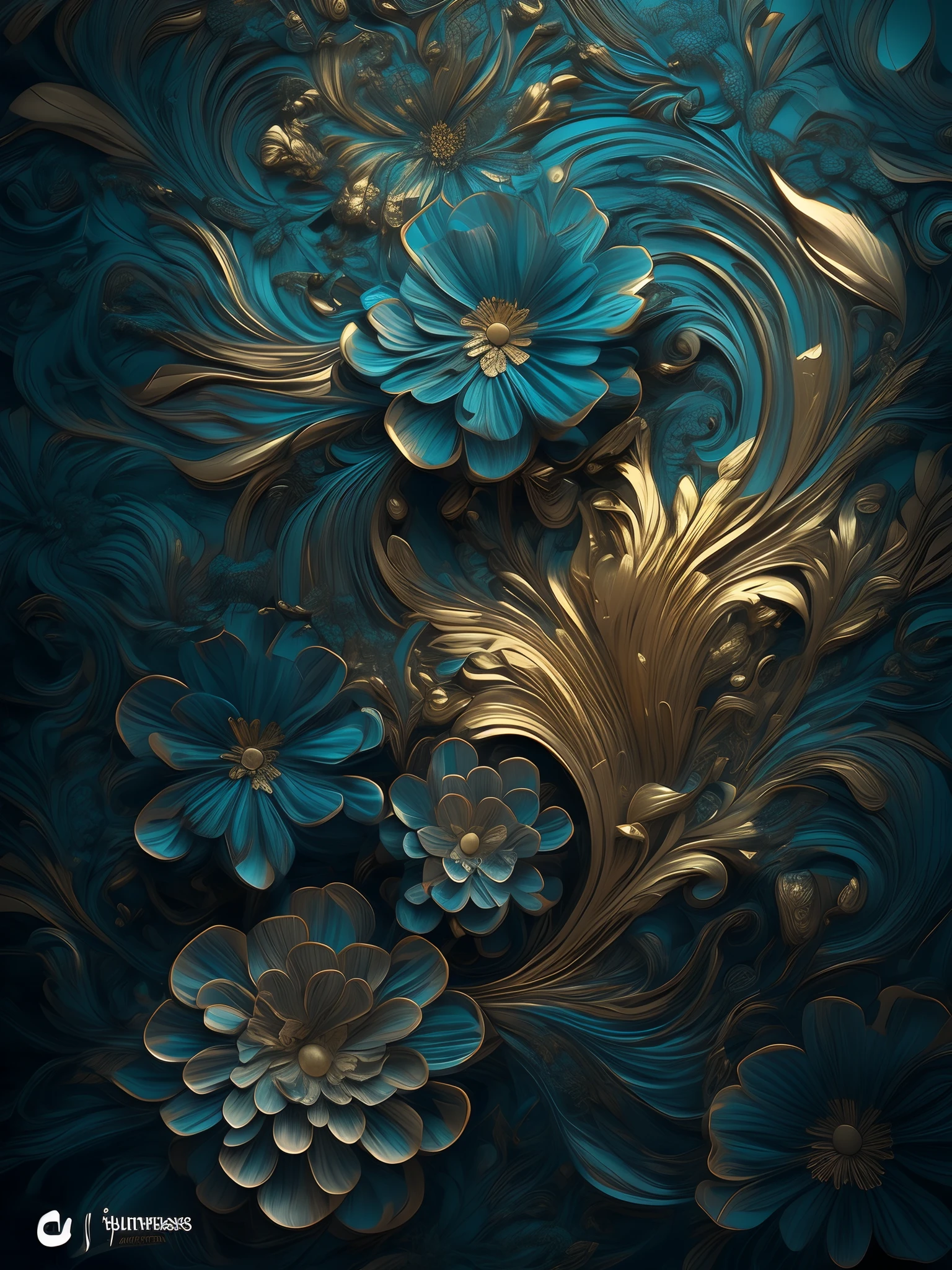 Close-up of blue and gold flowers on blue background, ornate flowers, gold flowers, ornate and flowing, hd phone wallpaper, Sleek complex design, phone wallpaper hd, Wallpaper phone. Intricate, flowers and gold, Magnificent Art, swirling flowers, golden flowers, 4K HD wallpapers very detailed, 8K high quality detailed art, gold and blue, hd elegant