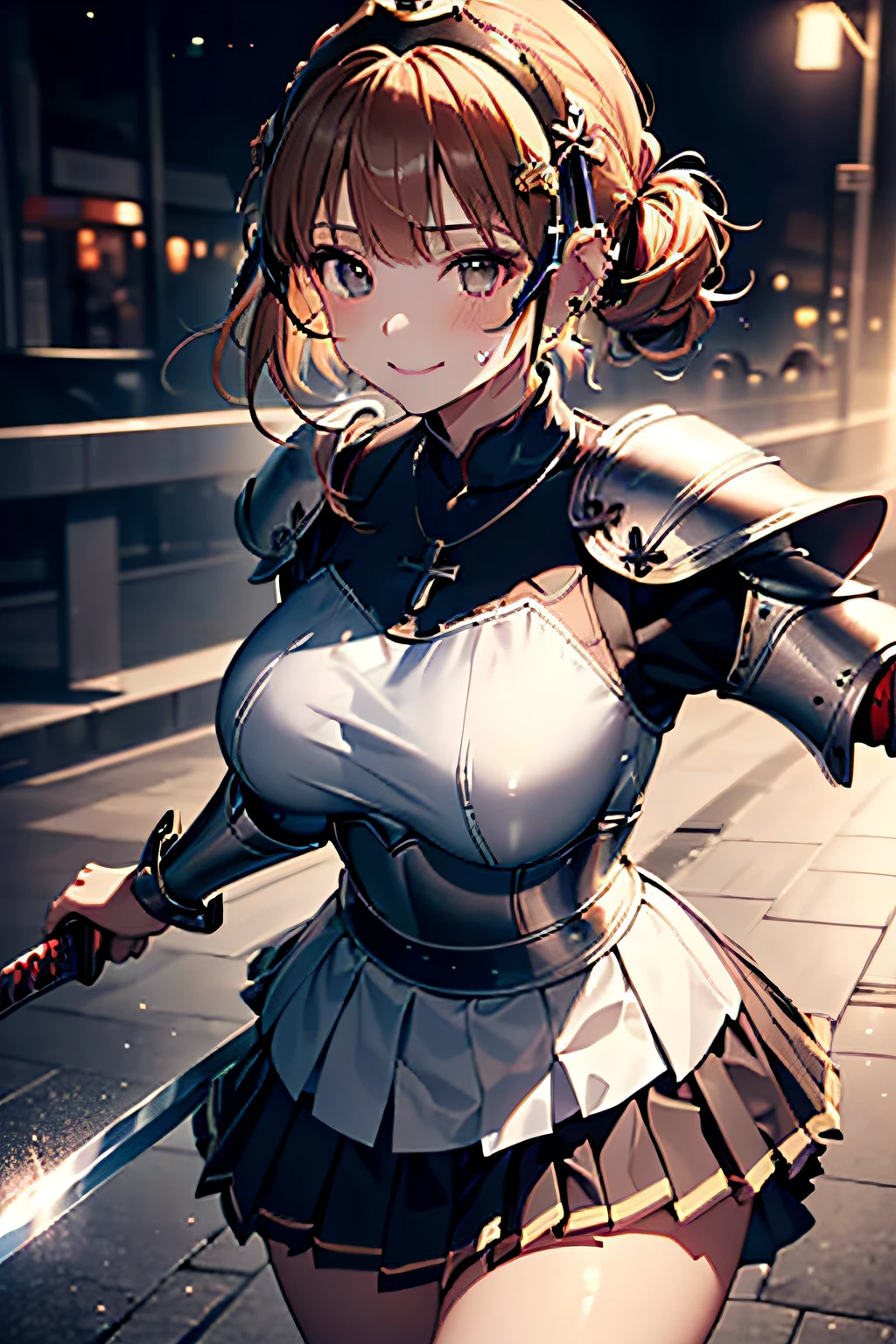 (((Armor and sword of Joan of Arc:1.7))),(((Ancient Western Landscapes:1,7))),(((Armed girl in ancient western style:1.7))),(((Enhance movement with motion blur effects:1.7))),(beautiful a girl),(((Clean white pleated skirt:1.7))),breast slip,Blushing cheeks、shyly smile,bbw,(Short hair with shiny gold and silver inner color,Floral hair ornament,Floral braided top knot,Twisted Side Part Ponytail,Floral braided headband,half up、Floral Braided Space Van,Voluminous Fishtail Braids,Twisted chignon,),(Bangs are see-through bangs),(((emphasizing breasts:1.3))),(Dynamic angles),(Dynamic and sexy poses),(bending forward:1.3),(((Dignified statue))),(((hair pin,a necklace,piercings))),Colossal tits,Blush with embarrassment,Enraptured eyes,A smile that beguiles the viewer,skin glistening with sweat,gazing at viewer,Disturbance of clothing due to movement,pointed red mouth,Perfect round face,,Proper body proportion,Intricate details,Very delicate and beautiful hair,photos realistic,Dreamy,Professional Movie Lighting,realistic shadow,Solo Focus,Beautiful hands,Beautiful fingers,Detailed finger features,detailed clothes features,Detailed hair features,detailed facial features,(masutepiece,top-quality,Ultra-high resolution output image,) ,(The 8k quality,),(Sea Art 2 Mode.1),(Image Mode Ultra HD,)