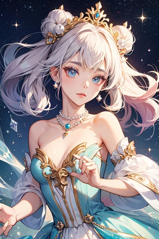 anime style; 3d; glitter; pearl stone goddess