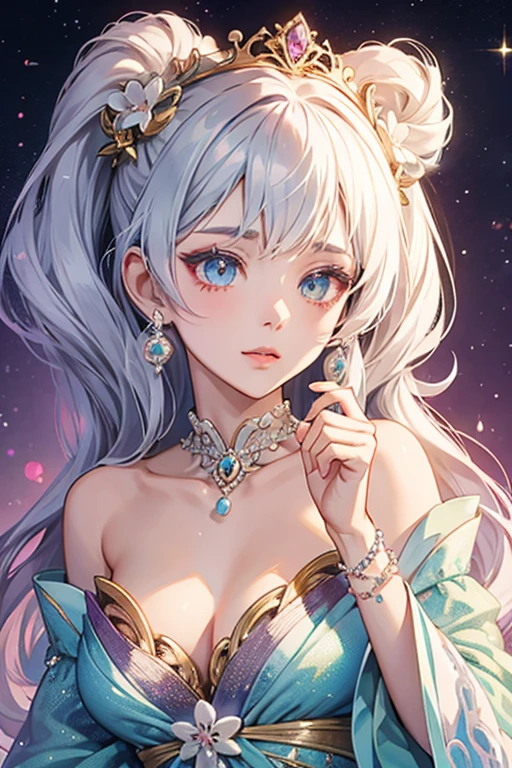 anime style; 3d; glitter; pearl stone goddess