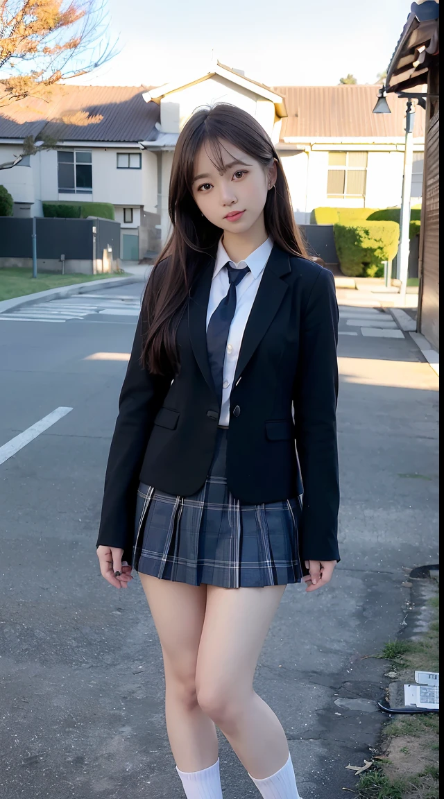 mix4, (16 K, Raw photography, Top image quality, masterpiece: 1.45), (realisitic, Photorealsitic: 1.37), one girls, cute little, A city scape,, profetional lighting, photon maping, school classrooms, physically-based renderingt, dark brown hair,pony tail hairstyle, Well-groomed and beautiful eyes、((二重まぶた))、Transcendent Cute Girl, (((student clothes、blazers、Long sleeve shirt worn by Japan high school girl、Ribbon Ties、Dark blue mini skirt,、Dark blue socks、Black loafers))), Top Quality Photos, hight resolution, 1080p, (clearface), (Detailed face description), (Detailed hand description), (masterpiece), (Exquisite CG)、extreme light and shadows、dishevled hair、master work、abundant detail、(Fine facial features)、(top quality photo)、(masuter piece)、(A detailed eye)、Look in front of you、Fine clavicle、((Slender big))、(((Japan schoolgirls wear jackets and long-sleeved shirts)))、((Neat and clean idol))、((School Gate、school ground、School building in the background))、(Shooting from random perspectives)、(((Anyway cute)))、耳Nipple Ring、A big smile、Drawing the whole body from the knees、Do not draw nasolabial folds、(((Sports bags used by Japan schoolgirls)))、(Big breasts that hang down big:1.2)、Big buttocks with tension、Two arms and two legs、(((from the front side:0.7)))、bare hand、(((Left and right symmetrical eyes)))、Standing Pose、Put your hands on your desk、Do not take the tie out of the jacket、Raise your buttocks:1.5,barebacked:1.5,