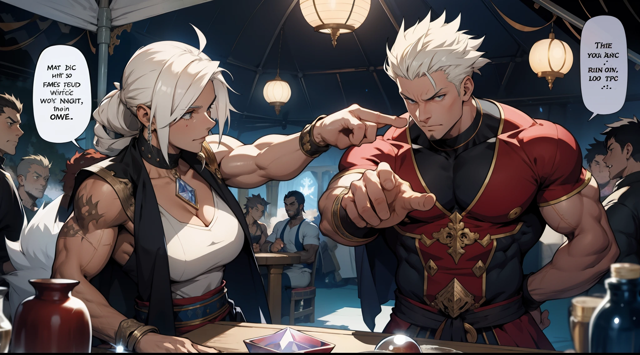 A clairvoyant woman with magical scars looking at her crystal ball and pointing at a speech bubble saying 'muscles are great!' in a funfair marquee at night with pronounced and neat muscles in a badass anime style