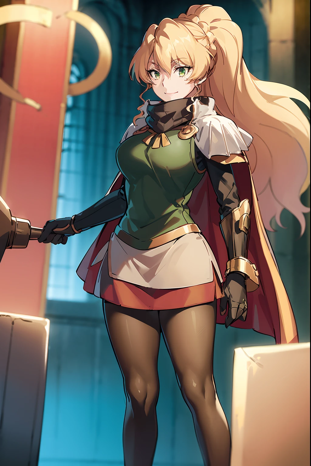 skirt vest, pantyhose, ponytail, long hair, blond hair, knight, medium breast,alicetaria february, green eyes,,smile, staff holding, cape, scarf, thick eyelashes,, castle background,fantasy,,standing, refsheet