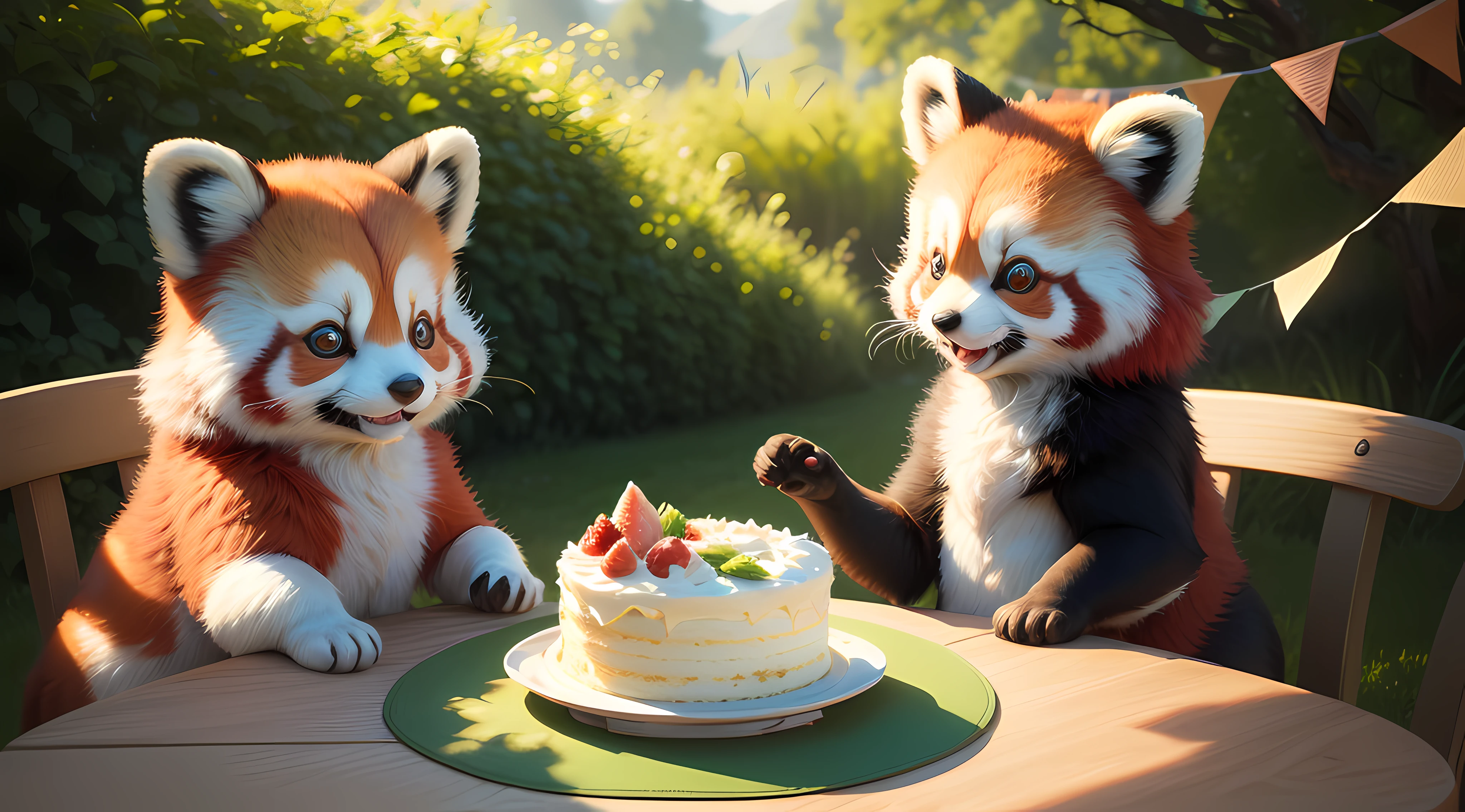 (best quality, highres, ultra-detailed, realistic:1.37), red panda holding a cake, cute detailed red panda, fluffy fur, vibrant colors, adorable expression, detailed eyes and face, cake with intricate decorations, lush green garden, dappled sunlight, gentle breeze, joyful atmosphere, realistic fur texture, soft and fuzzy ears, playful pose, mouthwatering cake, celebration mood, whimsical background, stunning artwork, lifelike painting techniques.