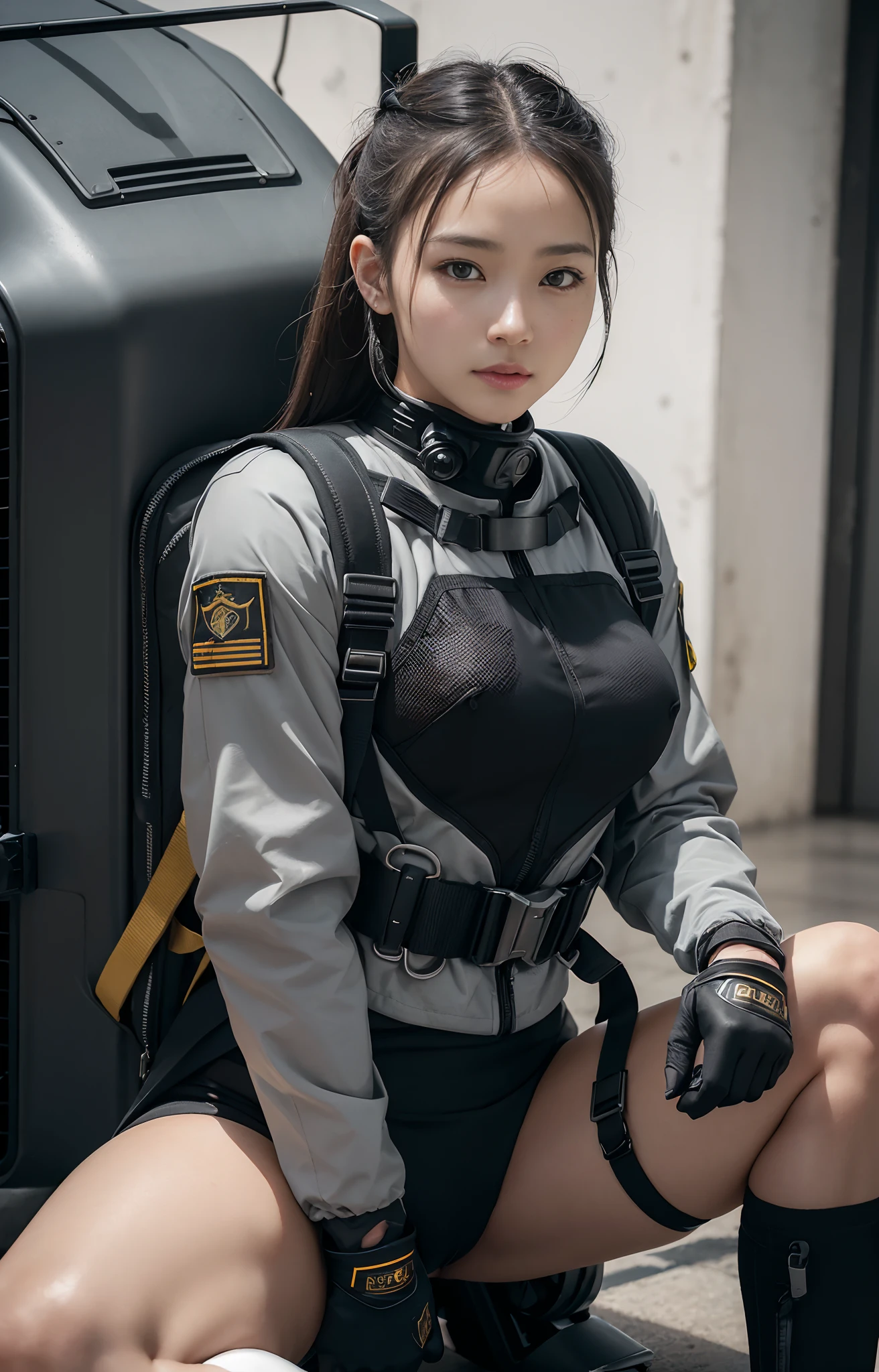 Highest image quality, outstanding details, ultra-high resolution, (realism: 1.4), ((close up:0.75, from front)), Photorealistic, highly condensed 1 lady, full body, sitting on the floor with one knee raised, Combat pose, (Detailed face), looking at the camera, (wearing nylon rash-guard as police uniform, gloves, black and grey mecha, military harness, holding a machinegun, carrying hich-tech-backpack), background grey, Fingers are occluded