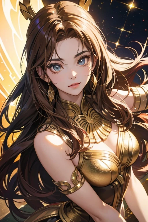 anime style; 3d; glitter; bronze goddess