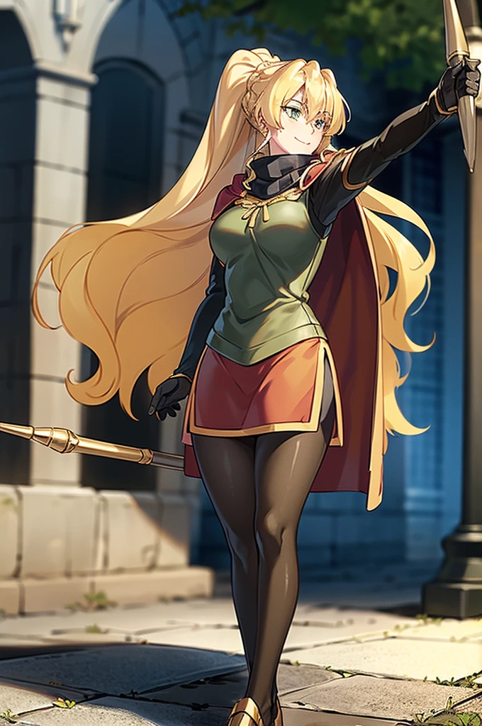 skirt vest, pantyhose, ponytail, long hair, blond hair, knight, medium breast,alicetaria february, green eyes,,smile, staff holding, cape, scarf, thick eyelashes,, castle background,fantasy,,standing, refsheet, solo focus