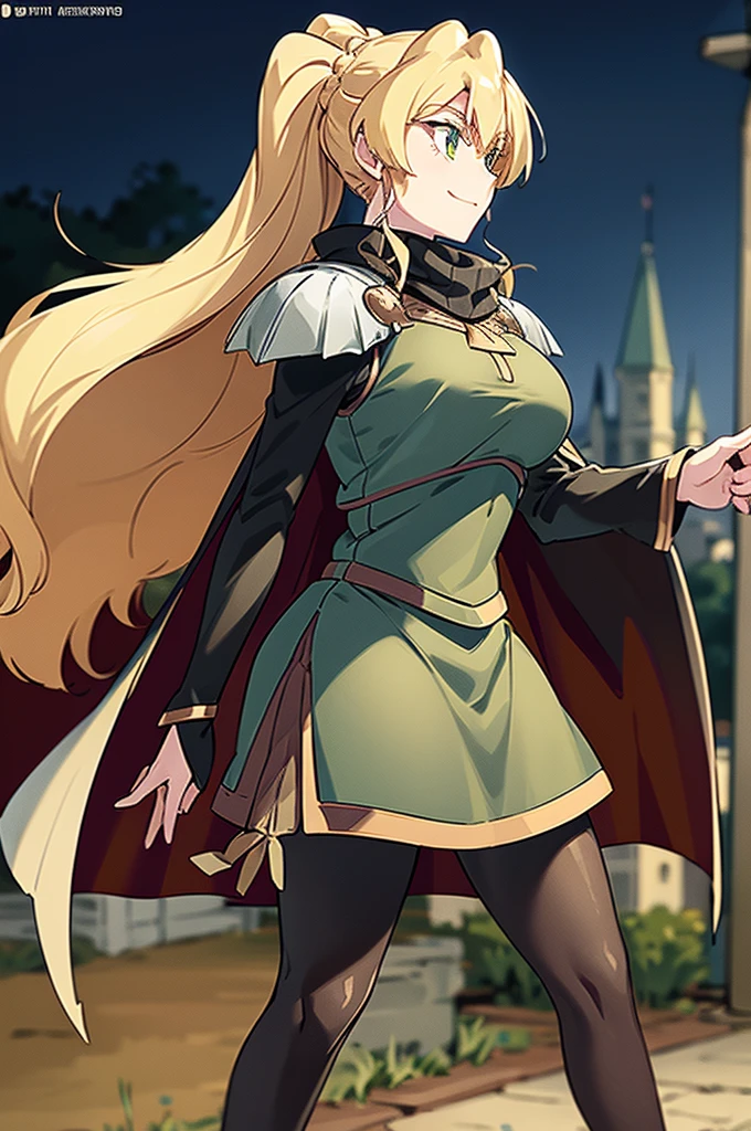 skirt vest, pantyhose, ponytail, long hair, blond hair, knight, medium breast,alicetaria february, green eyes,,smile, staff holding, cape, scarf, thick eyelashes,, castle background,fantasy,,standing, refsheet, solo focus