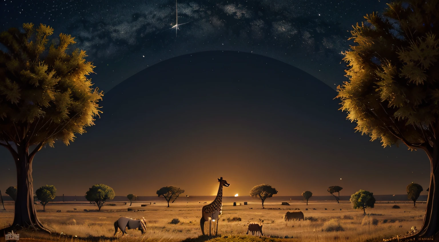 African savannah view at night，Star-sparkled，Calm and beautiful，There are giraffes in the distance、Antelope animals，Paintings in great detail，k hd，kid illustration, Cute art style,Cartoon style