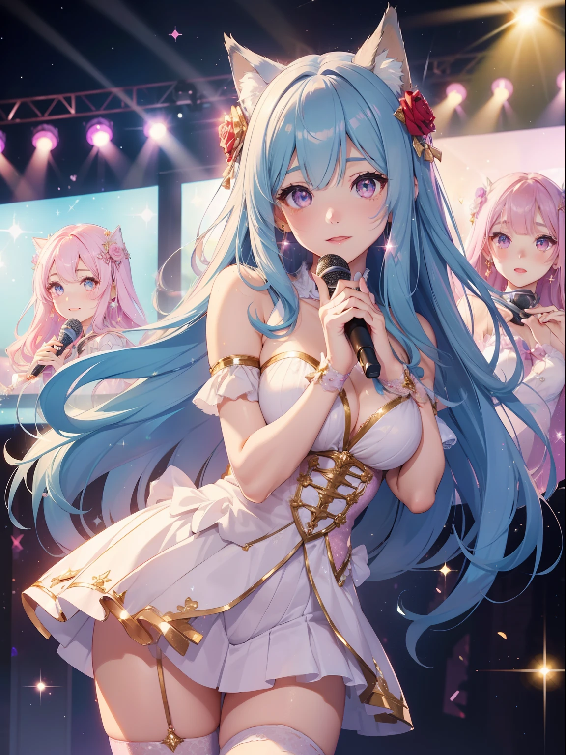 masutepiece, High resolution, 8K, anime woman, Delicate and detailed writing 、Detailed digital illustration、Very long hair and shiny、Wolf ears、Bangs、a very beautiful woman、Eyes are double, Large, Bust is D cup、High image quality, High quality、Detailed background、(((Wearing idol clothes)))、((Glittering live stage backdrop))、Pale blue hair with diamond-like inner eyes、Gradient pupil、(((2 arms、4 fingers, 1 thumb)))、Detailed female face、Very beautiful and cute woman、、细致背景、masterpiece、Soft Focus , Bright gradient watercolor , Lens Flare , (((Glitter))) , Glow , Dreamy , (((Holding a glitter microphone in your hand)))、a miniskirt、Nothing at hand、Idol、Pink ribbon、Very beautiful red rose hair accessories、Pink and gold outfit、White is the main costume、Cute panty shot、