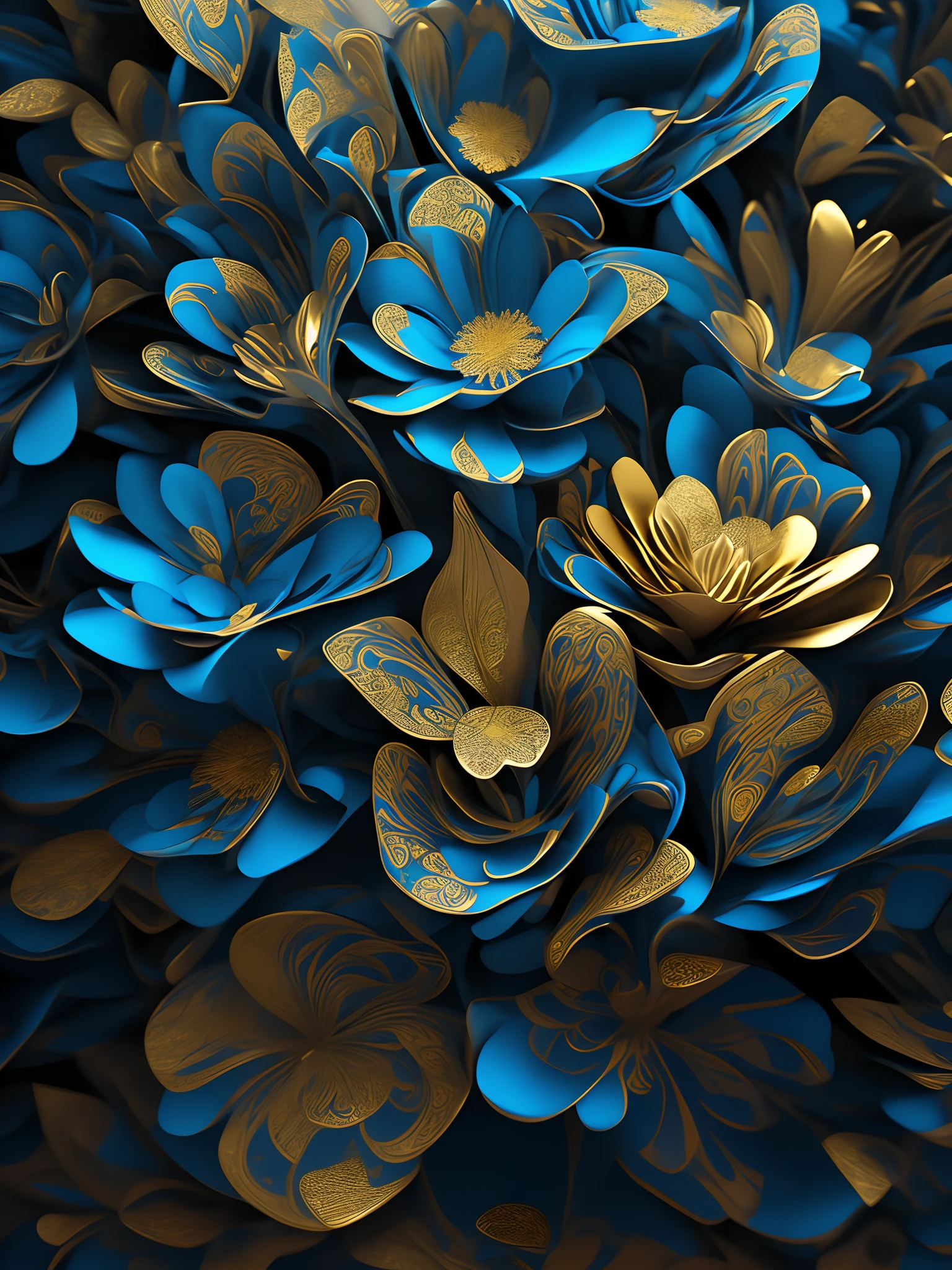 Close-up of blue and gold flowers on blue background, ornate flowers, gold flowers, ornate and flowing, hd phone wallpaper, Sleek and sophisticated design, phone wallpaper hd, Wallpaper phone. Intricate, flowers and gold, Magnificent art, swirling flowers, golden flowers, 4K HD wallpapers very detailed, 8K high quality detailed art, gold and blue, hd elegant