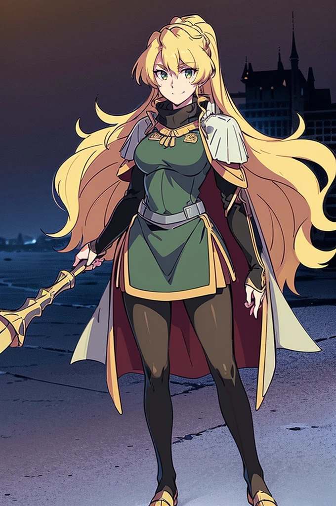 skirt vest, pantyhose, ponytail, long hair, blond hair, knight, medium breast,alicetaria february, green eyes,,smile, staff holding, cape, scarf, thick eyelashes,, castle background,fantasy,,standing, refsheet, solo focus, full body, flipflops