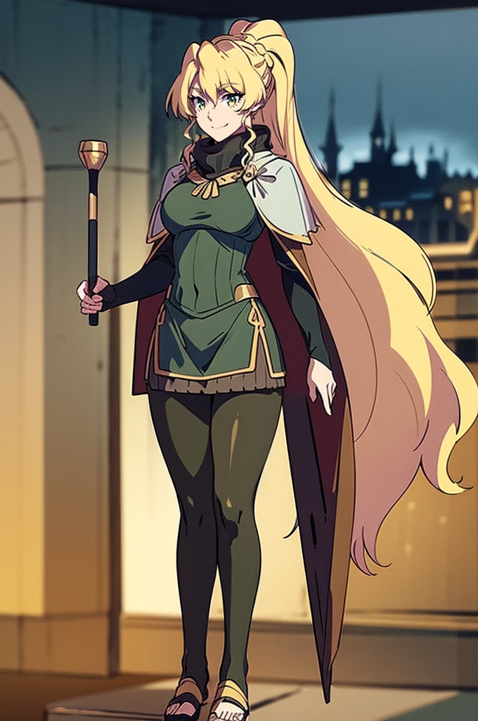 skirt vest, pantyhose, ponytail, long hair, blond hair, knight, medium breast,alicetaria february, green eyes,,smile, staff holding, cape, scarf, thick eyelashes,, castle background,fantasy,,standing, refsheet, solo focus, full body, flipflops