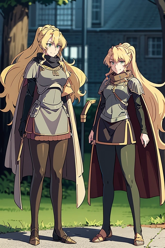 skirt vest, pantyhose, ponytail, long hair, blond hair, knight, medium breast,alicetaria february, green eyes,,smile, staff holding, cape, scarf, thick eyelashes,, castle background,fantasy,,standing, refsheet, solo focus, full body, flipflops