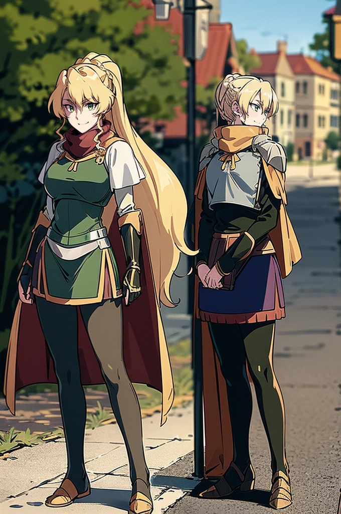 skirt vest, pantyhose, ponytail, long hair, blond hair, knight, medium breast,alicetaria february, green eyes,,smile, staff holding, cape, scarf, thick eyelashes,, castle background,fantasy,,standing, refsheet, solo focus, full body, flipflops