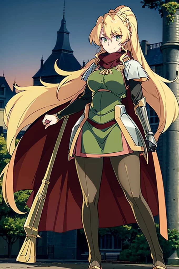 skirt vest, pantyhose, ponytail, long hair, blond hair, knight, medium breast,alicetaria february, green eyes,,smile, staff holding, cape, scarf, thick eyelashes,, castle background,fantasy,,standing, refsheet, solo focus, full body, flipflops