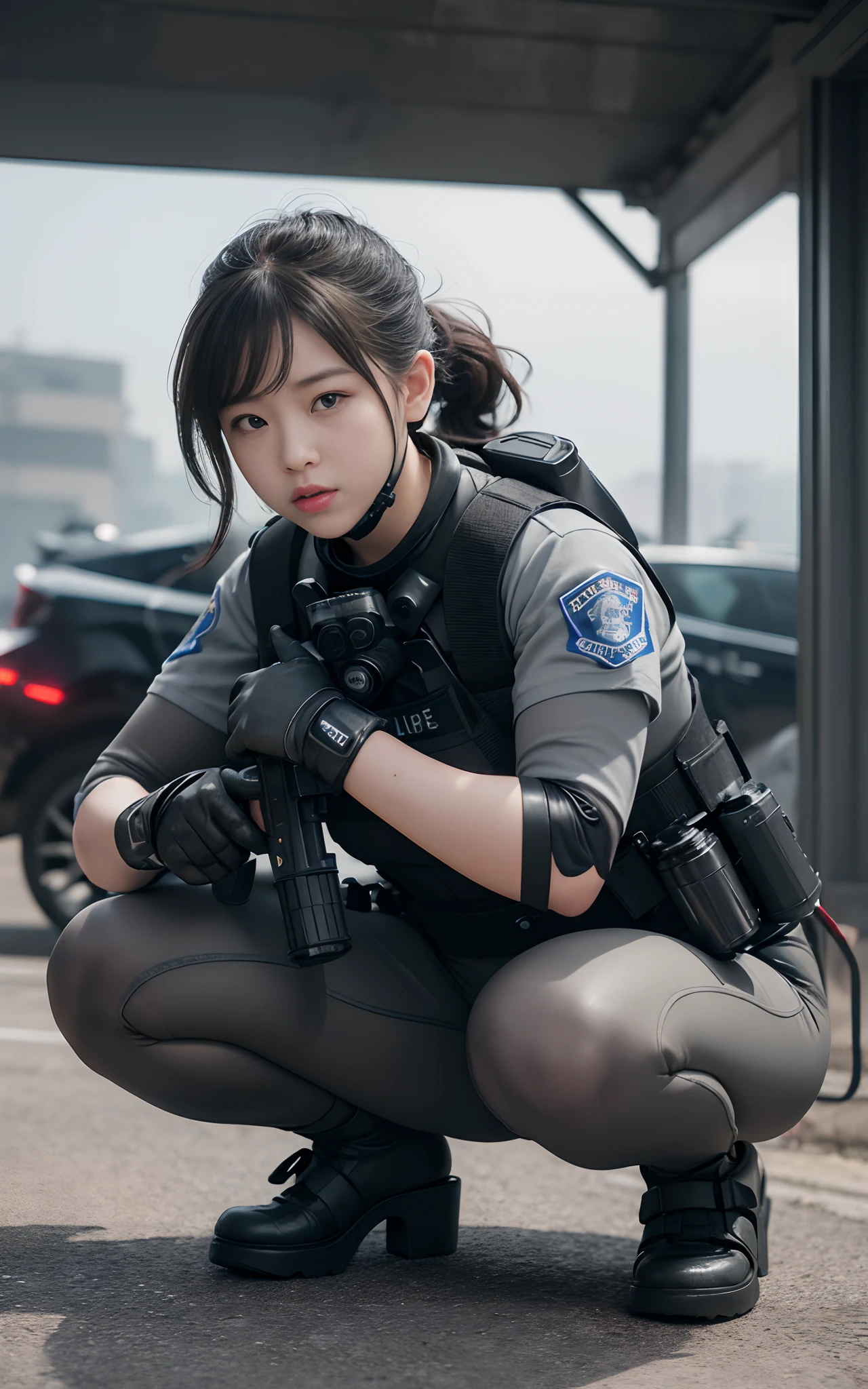 ((best quality, (masterpiece), photorealistic, photorealism, Photorealistic, high resolution)), 1girl full body, aiming with an assault rifle, another girl squatting behind, Combat pose, a bit chubby, (Detailed face), (wearing rash-guard likes police uniform, gloves, black and grey mecha, wearing futuristic-gasmask, military harness, holding a machinegun, carrying hich-tech-launcher), background grey, Fingers are occluded