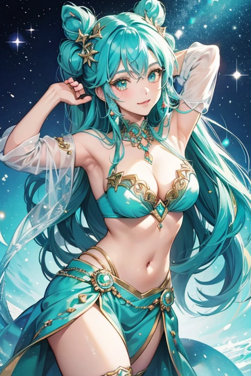 anime style; 3d; glitter; turquoise stone goddess