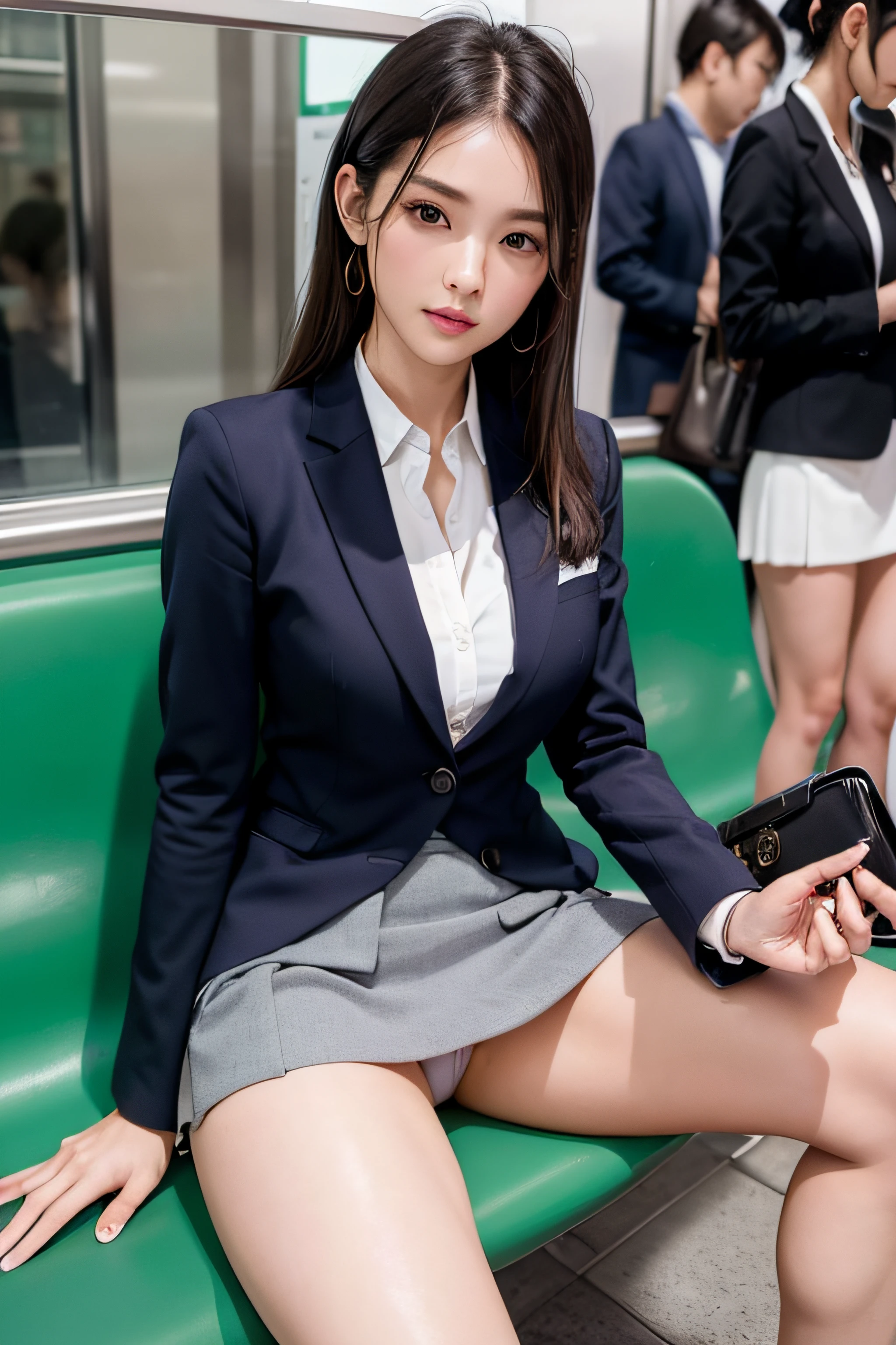 (Super beautiful)、(beauitful face:1.5)、japanes、Officelady、(A detailed face:1.3)、(A detailed eye)、(Detailed lips)、(Detail nose)、(Clear pubic contours:1.1),(Spread your legs:1.1)、(Showing white panties:1.1)、(Dark gray business suit)、(Tailored jacket)、(a miniskirt:1.3)、(shirt with collar)、(bags:1.1)、(I have a mobile phone:1.1)、high-heels、(Blue Seats in the Subway)、(Bare legs)、(At SFW:1.1)