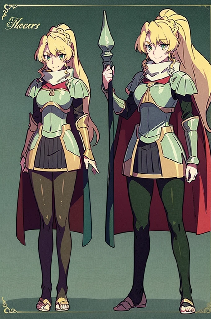 skirt vest, pantyhose, ponytail, long hair, blond hair, knight, medium breast,alicetaria february, green eyes,,smile, staff holding, cape, scarf, thick eyelashes,, castle background,fantasy,,standing, refsheet, solo focus, full body, flipflops