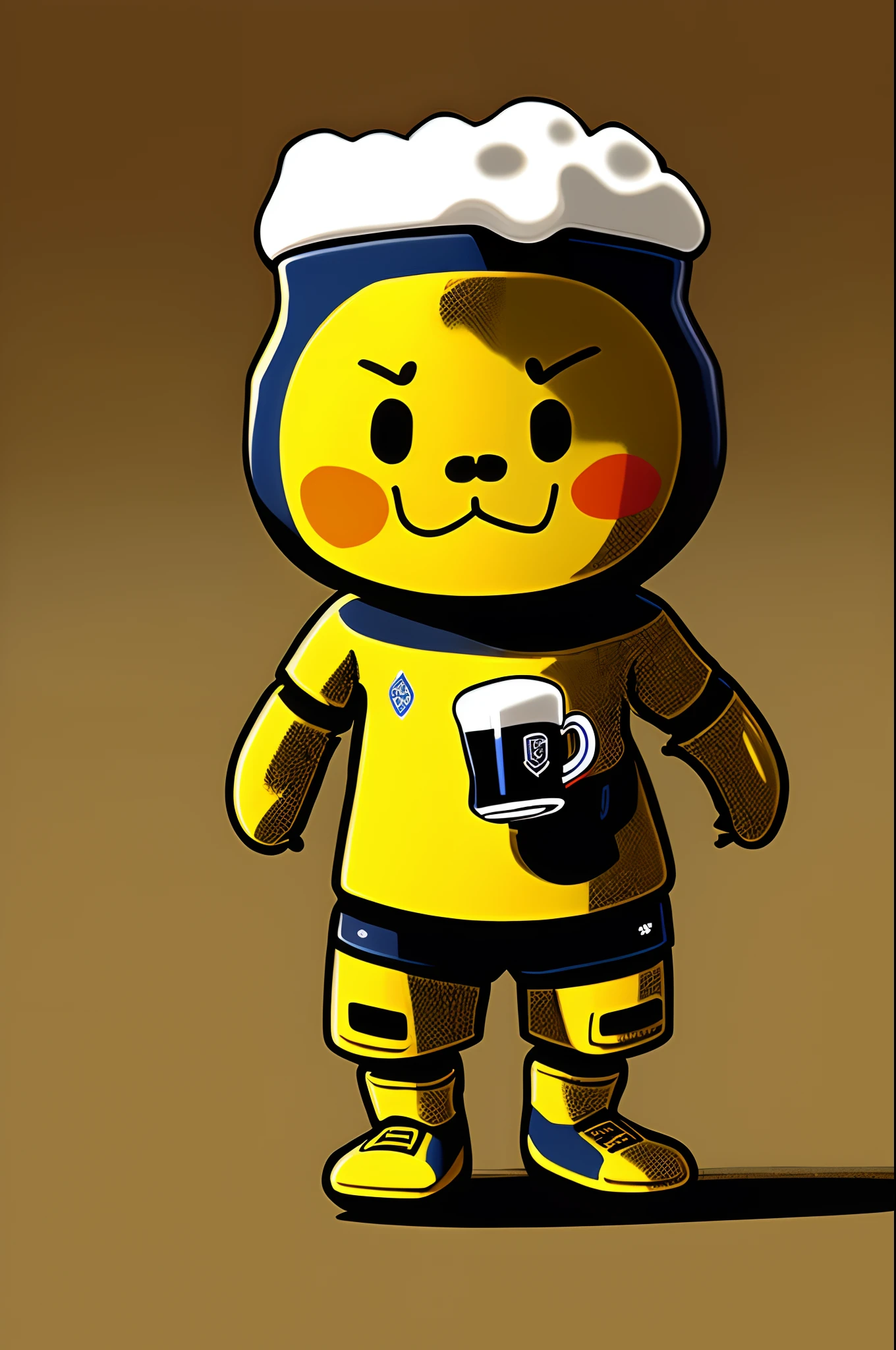 "Simple 2D soccer team mascot character design, bold line art, With the motif of a beer mug. The character's name is Mugki-kun. The body is shaped like a beer mug, Yellow body color. The head is topped with foam, Mugki-kun has short limbs