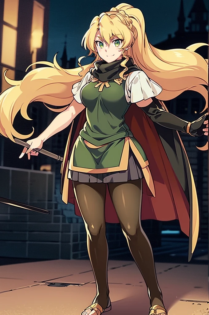 skirt vest, pantyhose, ponytail, long hair, blond hair, knight, medium breast,alicetaria february, green eyes,,smile, staff holding, cape, scarf, thick eyelashes,, castle background,fantasy,,standing, refsheet, solo focus, full body, flipflops, riding horse