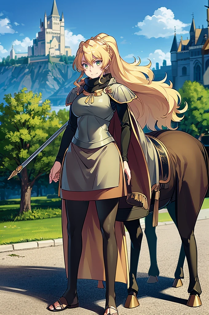 skirt vest, pantyhose, ponytail, long hair, blond hair, knight, medium breast,alicetaria february, green eyes,,smile, staff holding, cape, scarf, thick eyelashes,, castle background,fantasy,,standing, refsheet, solo focus, full body, flipflops, riding horse