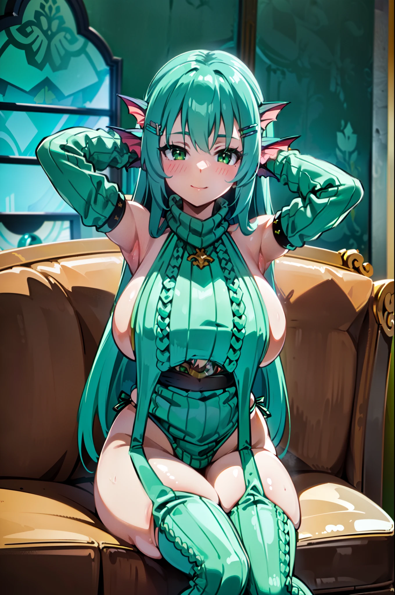 masterpiece, best quality, extremely detailed, 1girl, solo, myuu, (huge breasts:1.3), (((aqua hair, long hair, green eyes, head fins))), parted lips, (((hairclip, virgin destroyer sweater, long sleeves, garter straps, thighhighs))), ((light smile), closed mouth), ((arms behind head, sitting on a sofa, indoor))