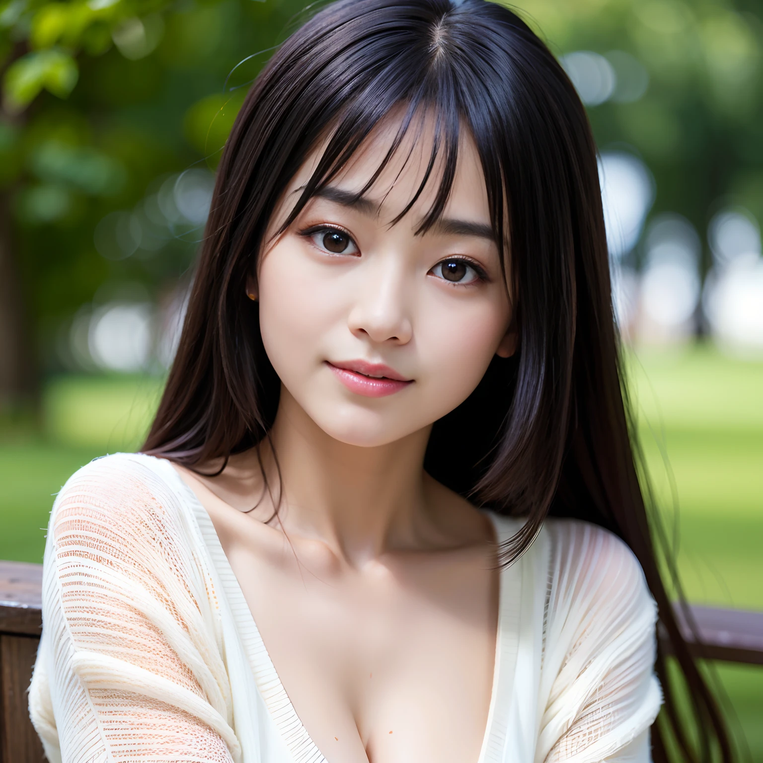 (Best-Quality, Masterpiece, Ultra-High-Resolution, (Photorealistic:1.4), Raw-Photo, Hyper-Detailed), 1girl, (Japanese famous actress), wearing loose sweater, portrait, face focus, (innocent smile, looking away), ((extremely cute face like a the most popular Japanese actress, amazingly beautiful big black eyes, beautiful black hair, very beautiful white skins)), detailed face, detailed eyes, detailed hair, detailed white skins