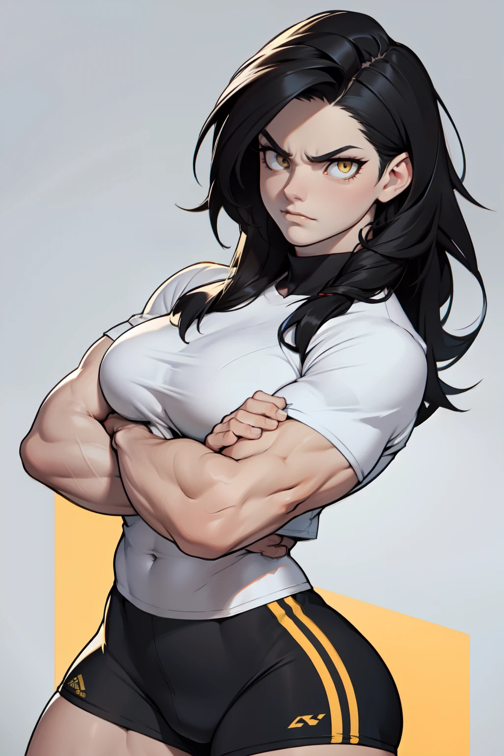 girl empty eyes empty eyes sad sad frown muscular massive breasts black hair yellow eyes pale skin toned body