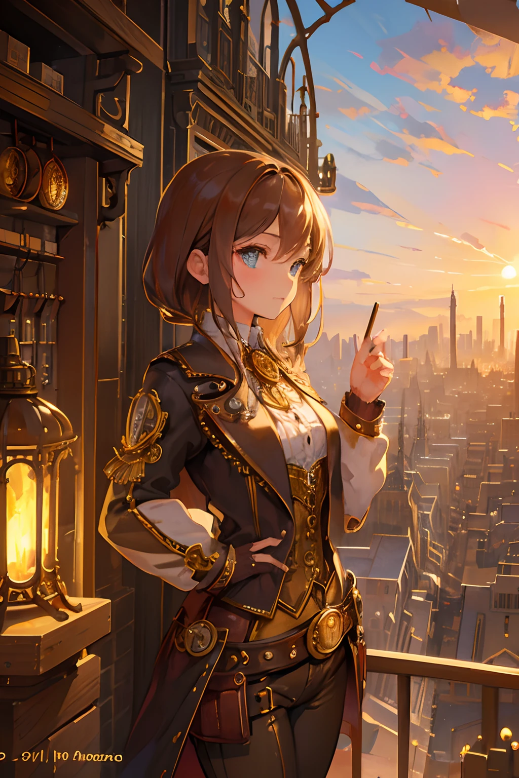 Create an illustration depicting a little girl overlooking a steampunk cityscape. The girl should be standing in a vantage point, Rooftops, bridges, etc., Look down on the intricately designed steampunk city below. The cityscape should be meticulous and detailed, Showcase the intricacies of gears, pipes, And glamorous architecture. Her expression was、It should be one of the surprises and curiosities when observing a bustling city full of mechanical wonders, blimp, And glamorous architecture. Surround the scene with a warm atmosphere, Golden light to enhance the atmosphere, Emphasize brass and copper tones of steampunk elements. Capturing the adventurous spirit and charm in the eyes of a girl, Reflecting the charm of the fantastic steampunk world around her. The whole illustration should have a nostalgic vibe