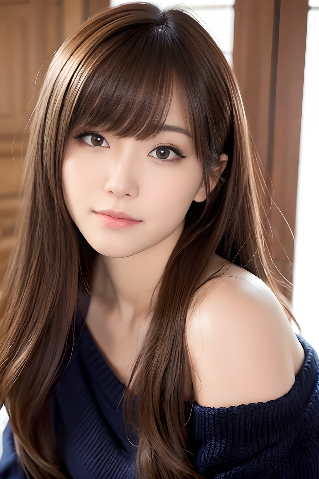 top-quality、​masterpiece、(Photorealsitic:1.4)、１People Beautiful Woman、25-year-old Japan woman、the golden ratio、face perfect、Beautiful figure、(Close-up on the face)、Medium hair、Brown hair、Beautie、Beautuful Women、Diagonal bangs、A sexy、Lustrous skin、(off-shoulder knit)、bewitching、Point the camera straight、