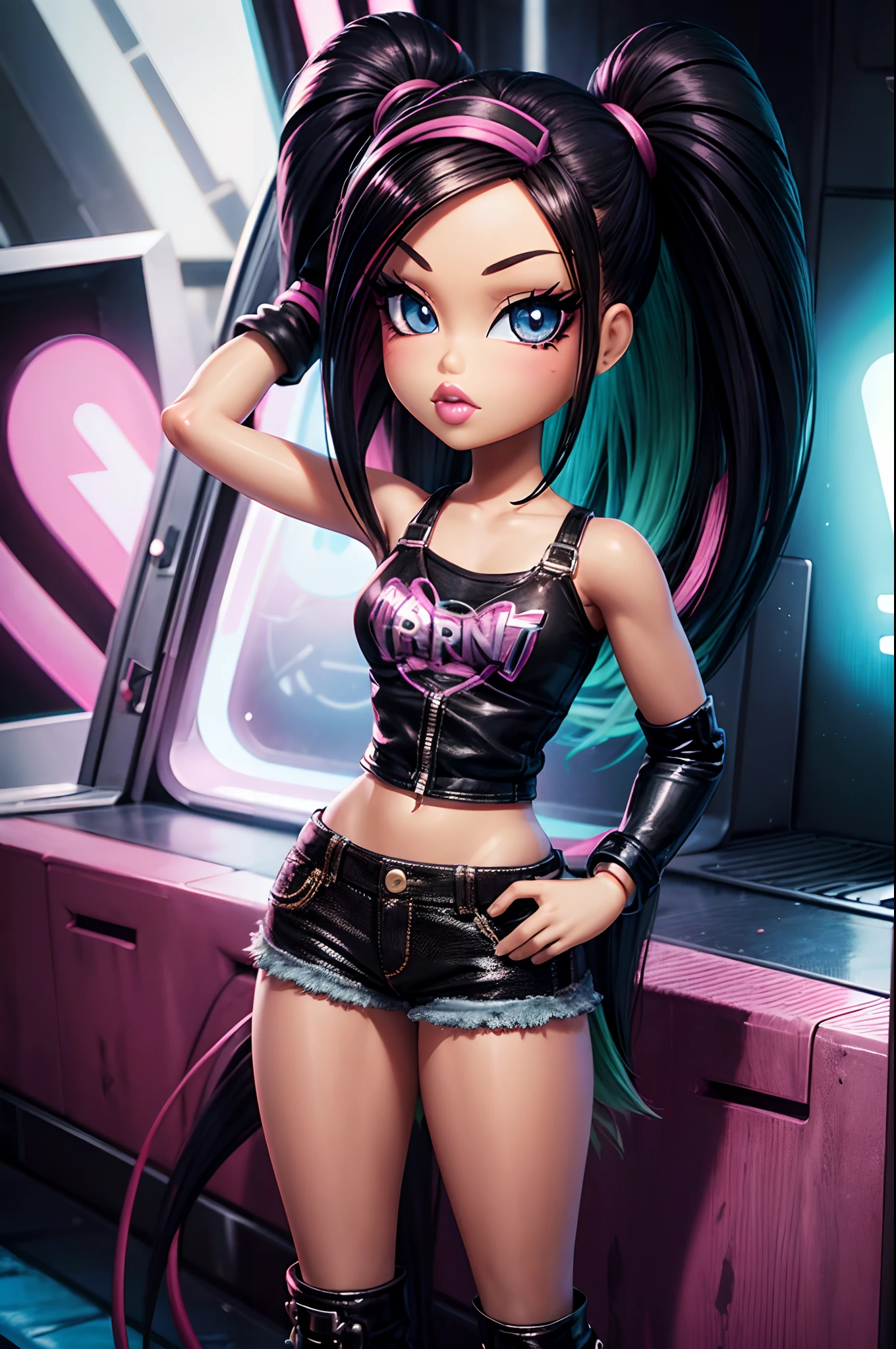 1girl, ((Bratz Doll)), scottpilgrimvstheworld, musician, rocker girl, punk girl, emo girl, pop girl, cinematic lighting, cinematic style, perfect anatomy, perfect physics.